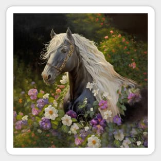 Black Horse with White  Mane Flowers Sticker